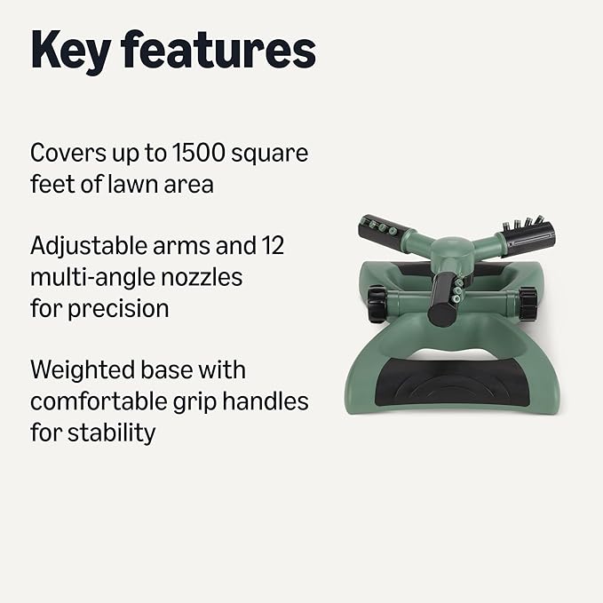 Amazon Basics Whirling Rotating Lawn Sprinkler with Adjustable Arms, 1500 sq ft Coverage, Black