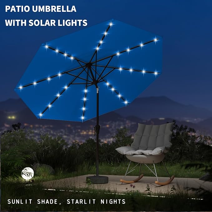 9FT Patio Umbrella with Solar Lights,Outdoor Market Umbrella with Tilt and Crank, LED Lighted Table Umbrella for Garden,Deck,Backyard,Pool,Beach