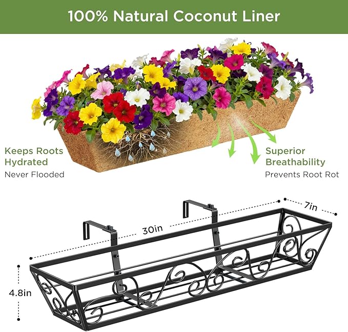 Y&M 6Pcs 30 Inch Large Window Box Railing Planter with Coco Liner, Outdoor Window Flower Boxes Over The Railing Planter Boxes Deck Fence Porch Patio Planter-Butterfly