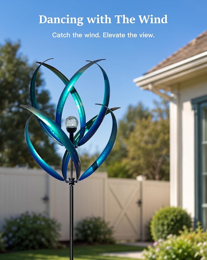 Lariander Outdoor Wind Spinners with Solar Light, 82'' Metal Large Spinner Yard Art, Peacock Blue Wind Sculptures for Garden Lawn Patio, Gifts for Family