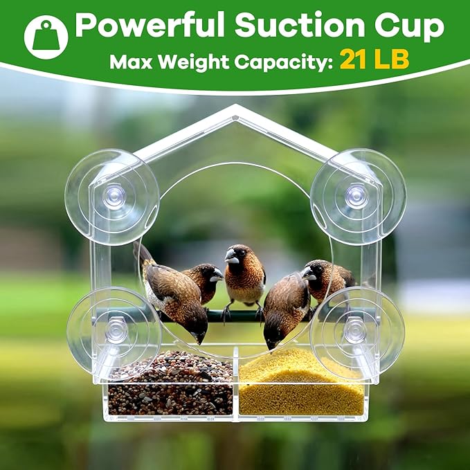 2PCS Window Bird Feeder with Strong Suction Cups, Bird Feeders for Outdoors, Clear Bird Feeder for Window, Outdoor Wild Bird Watching Gift for Women Mom Bird Lovers, Elderly Kids (1 Large+1 Small)