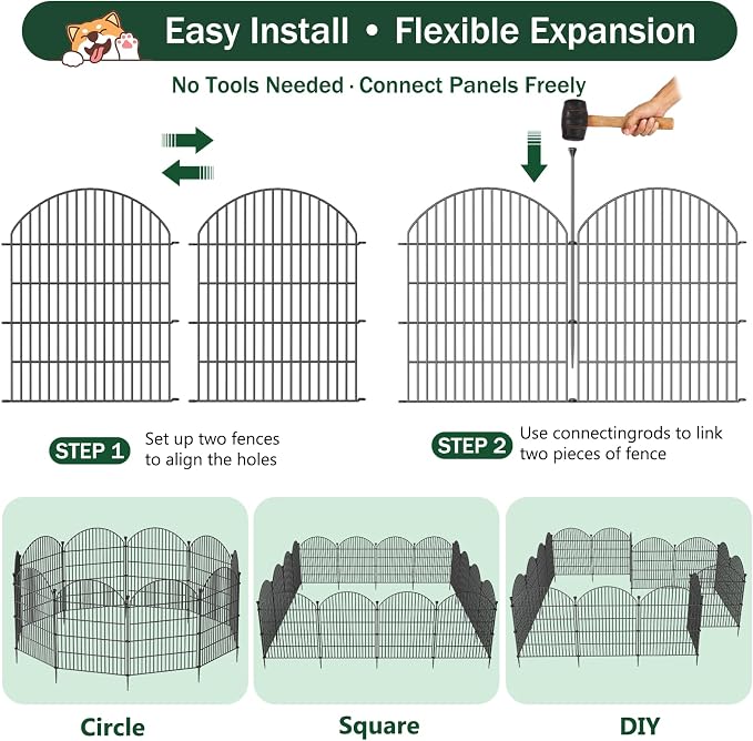 12 Pack No Dig Decorative Garden Fence Panels, 32in(H) x 29ft(L), Dog Fence Outdoor for Yard, Rustproof Metal Animal Barrier for Rabbits & Flowers, Temporary Fencing for Patio, RV