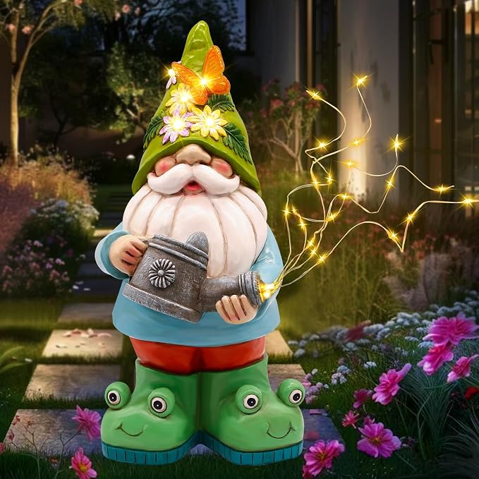 Solar Watering Can Gnome Resin LED Garden Statue | IP65 weatherproof figurine with 30 cascading warm lights; holiday gift for women & mom