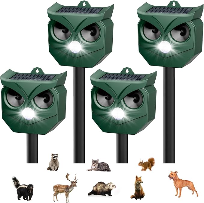 4 Pack Ultrasonic Animal Repeller with LED Strobe Lights - Outdoor Solar Powered for Squirrels, Deer, Raccoons, Rabbits, Skunks, Cats, Dogs - Protects Garden, Yard, Lawn, Farm & Crops