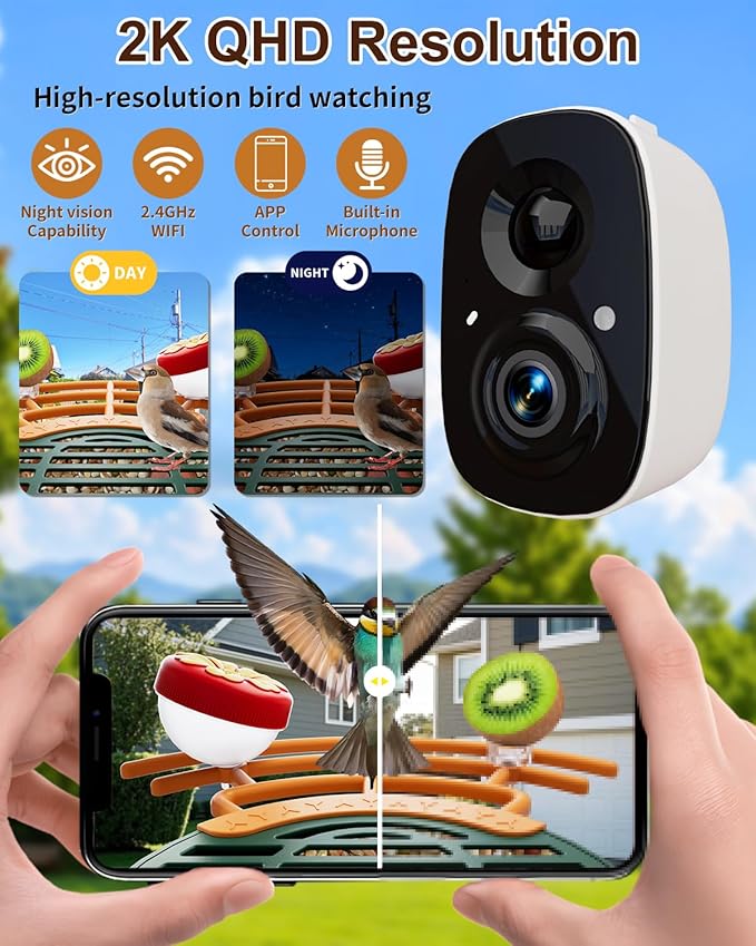 Smart Bird Feeder with Camera, Solar Powered Wireless Birds 2K HD Camera with APP Control, Night Vision, Motion Detection Alerts, IP66 Outdoor Birdfeeder for Backyard Garden Bird Watching, Green