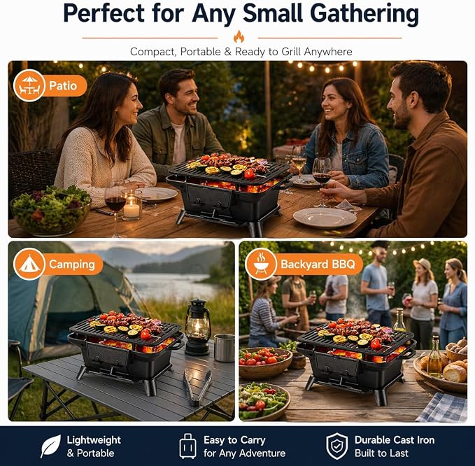 Hibachi Grill Outdoor, Portable Mini Charcoal Grill, Pre-Seasoned Cast Iron, Small Japanese Yakitori Tabletop Skillet Grill Stove for Outdoor Camping