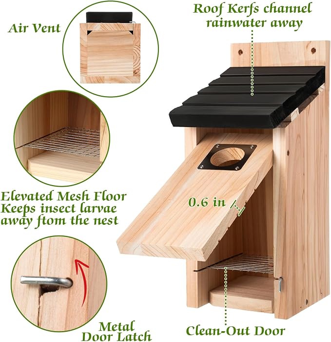 Dreyoo 4 Pack Bluebird Box Houses for Outside,1-1/2'' Entrance Hole Wooden Bird Houses with Metal Guard, Secure Latch,Fledgling Grooves,Air Vents for Bluebird Wren Swallow (Black Roof,Wood Body)