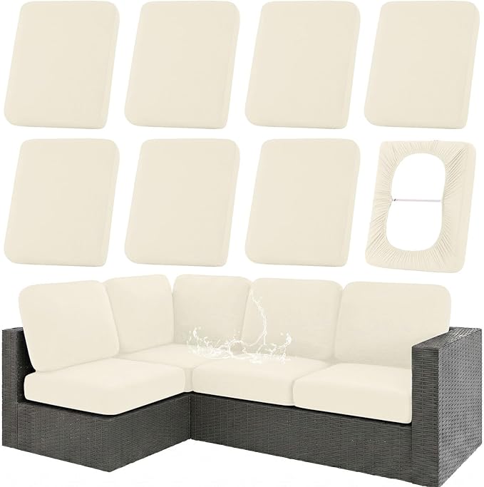 hyha Waterproof Outdoor Cushion Covers for Patio Furniture, Stretch Patio Chair Cushion Slipcovers, Coated UV Resistant Replacement Seat Covers, Solid Color (Beige, 8PC)