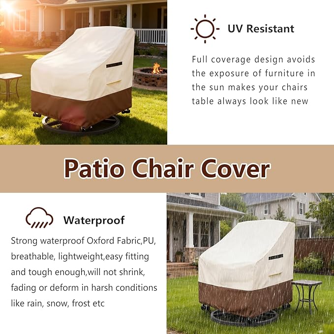 Patio Chair Covers 2 Pack,Swivel Lounge Chair Cover,Waterproof Heavy Duty Outdoor Lawn Patio Furniture Covers 28 W x 31 D x 38.5 H inches,Beige & Brown