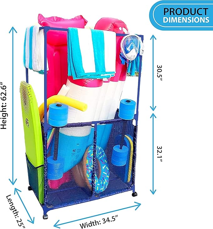 Pool Equipment Holder with Towel Drying Bars, Mesh Rolling Multi Use Storage Organizer Bin, Large Towel Hanger (25" L x 34.5" W x 62.6" H), Blue