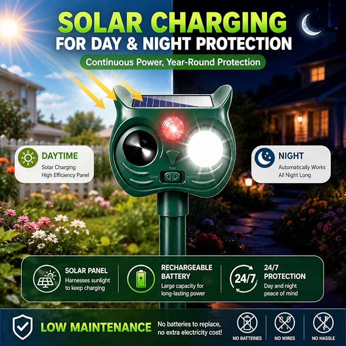 4 Pack New Sonic Fortress Pro Deer Repellent Devices,Solar Ultrasonic Animal Repeller Outdoor for Racoons,Squirrels,Cats,Rabbits,Skunks & Foxes,Waterproof Motion Sensor Animal Deterrent for Garden
