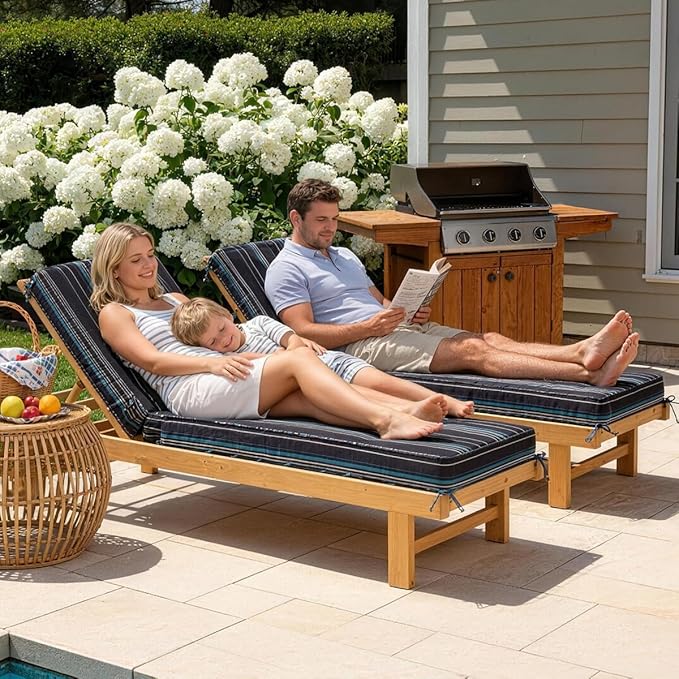 Sundale Outdoor Olefin Chaise Lounge Cushion, Water-Resistant Patio Lounge Chair Cushion, Thick Lounger Pad with 4 Straps Harbor Blue, 80 x 26 x 4 Inches