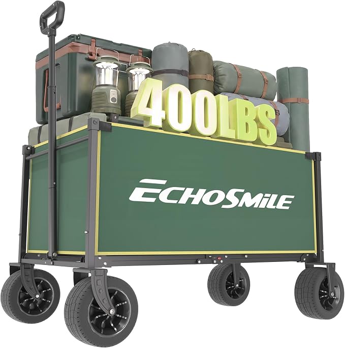 EchoSmile Collapsible Wagon Cart for Camping & Beach - Heavy Duty 400lbs Capacity All-Terrain Cart with Wide Wheels, Portable Folding Utility Wagon for Grocery, Garden, Sports,Green&Yellow