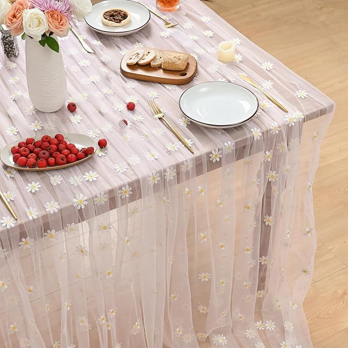 Horaldaily Pink Embroidery Daisy Spring Summer Gauze Tablecloth 60×120 Inch Rectangular, Seasonal Tulle Table Cover, Garden Party Decorations for Wedding, Party, Holiday Dining