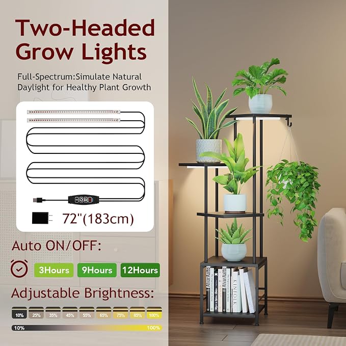 Homsorout Plant Stand Indoor with Grow Light - 5-Tier Metal Plant Shelf with Hanging Basket Hook, Corner Tall Flower Holder for Multiple Plants, Living Room Balcony Garden Patio, Black