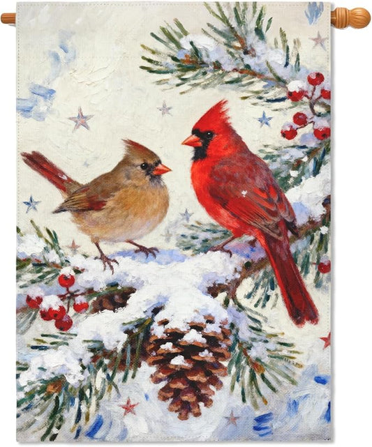 Winter Cardinal House Flag 28x40 Inch Pinecone Twigs Holly Berry Christmas Holiday Decorative Garden Flags for Outside Double Sided Seasonal Outdoor Home Farmhouse Decoration Porch Yard January Decor
