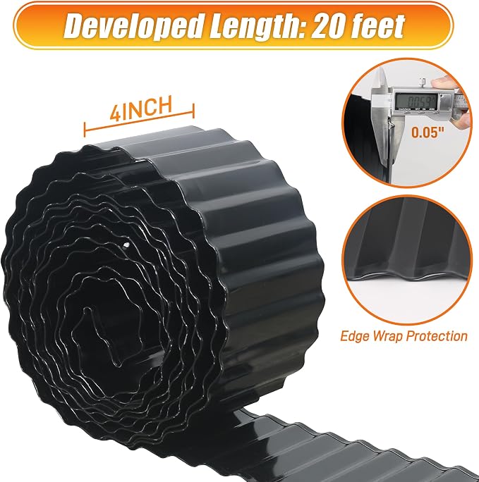 Quibbay Corrugated Metal Garden Edging, 4"×20Ft Landscape Edging Border for Lawn, Flower Bed, Garden Fence, Paver Edging, Metal Garden Edging for DIY Borders and Landscaping, Black