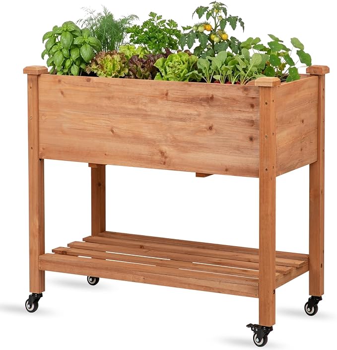 Raised Garden Bed with Lockable Wheels, 32x16x32 inch Elevated Wood Planter with Storage Shelf Protective Liner for Vegetable Flower Herb Outdoor Balcony Patio Backyard, Brown