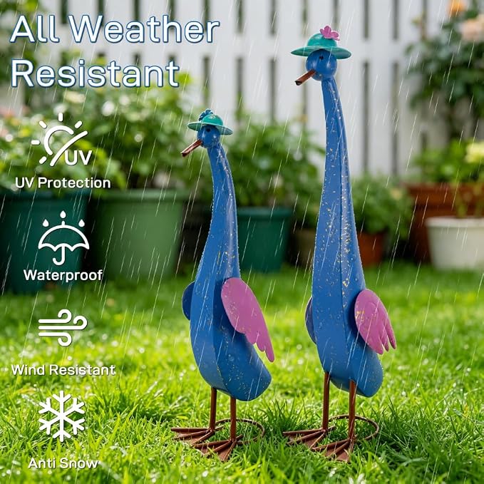 22" Duck Garden Statue Set of 2 Metal Ducks | Outdoor Decor Porch Animal Figurine Yard Art Sculptures Rustproof Lawn Ornament for Outside Patio Backyard Decorations