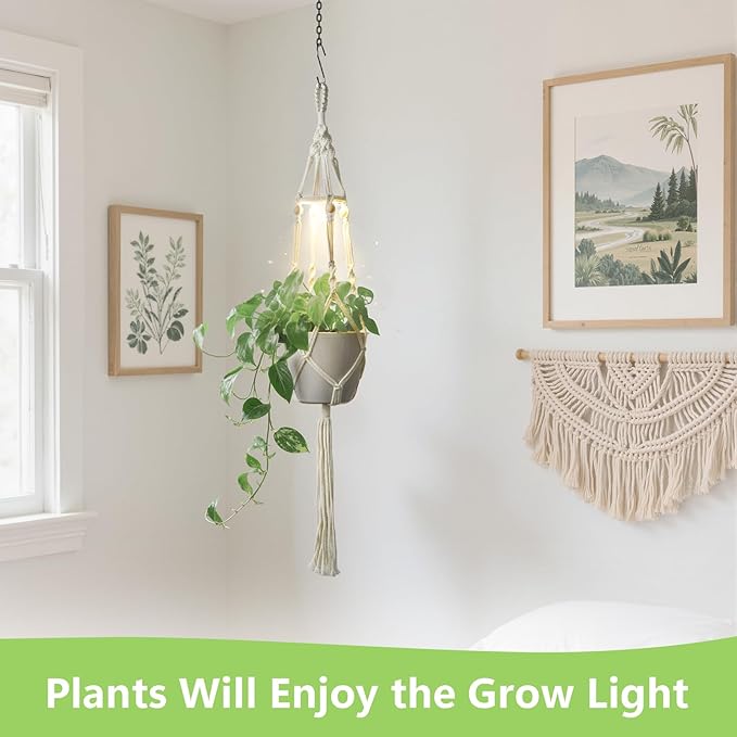2 Pack Macrame Plant Hanger with Grow Light: Sturdy Hanging Planters for Indoor Plants, Cute Plant Holder with Plant Light, Fits 5–9 Inch Pots (Daylight Spectrum)