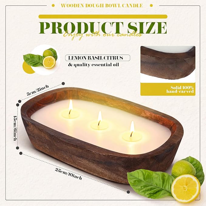 Threlaco 1 Pack 10 Inch Wood Dough Bowl Candles Home Rustic Dough Bowl Soy Candle 3 Wick Scented Candles Gifts for Men Women Farmhouse Table Centerpiece Home Decor for Christmas(Lemon Basil & Citrus)