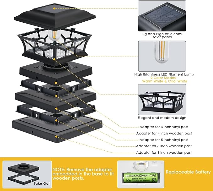 8 Pack Solar Post Cap Lights Outdoor Waterproof, Fits 4x4, 5x5, 6x6 Wooden & Vinyl Fence Decks with Warm & Cool White Light Modes (Classic Black, 8)