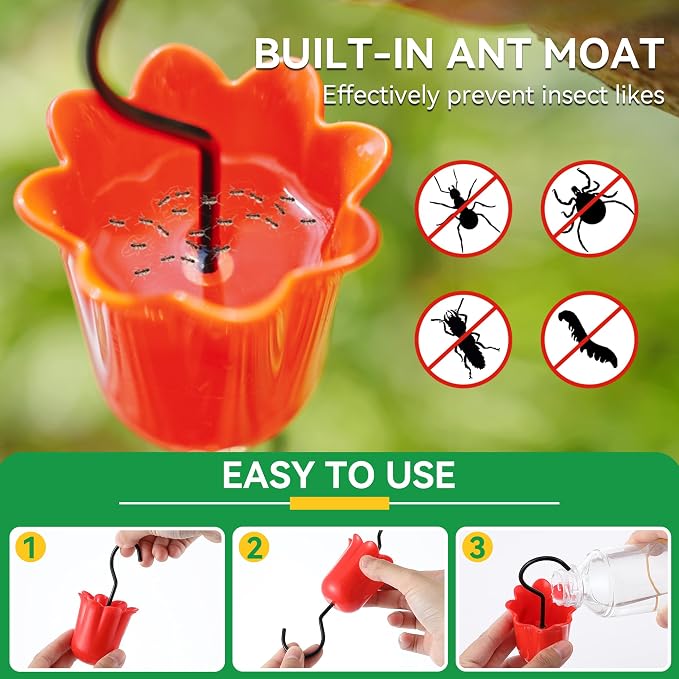2 Pack Metal Oriole Feeders for Outdoors Hanging with Ant Moat and Fruit Holder, Oriole Feeder with Glass Bowl, Easy to Disassemble and Wash, Bird Feeder for Garden, Outdoor, Gift (Gold)