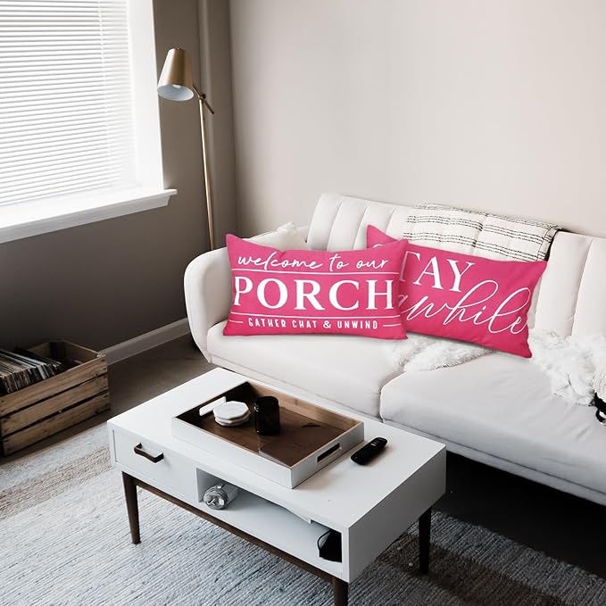 TAJWE Pink Outdoor Pillow Covers Waterproof 12x20 Set of 2 Decorative Welcome to Our Porch Stay Awhile Cushion Cases for Patio Furniture Sofa Couch Decor