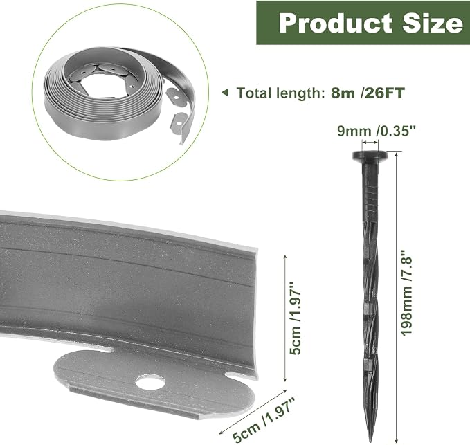 uxcell Landscape Edging, 1Pcs 26FT x 2" - Garden Edging Kit with 24 Stakes, Landscape Edging Border for Garden Lawn Flower Bed Yard Grass (Grey)