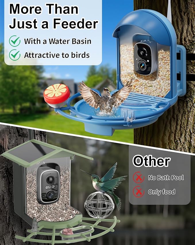 Bird Feeder with Camera, 2K HD Camera Birds Feeder with Bath Wireless Outdoor, Solar Powered Bird Watching with APP Control, Night Vision, Motion Detection Alerts, IP66 Birdfeeder for Backyard, Blue