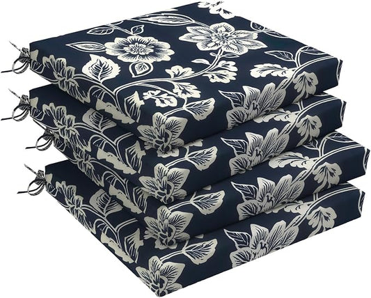DYTXIII Set of 4 Outdoor Chair Cushions, Water Resistant 18.5"x16"x2" Square Seat Cushion for Patio Dining Chairs, High-Density Replacement Pads for Indoor Outdoor Furniture - Vines Navy