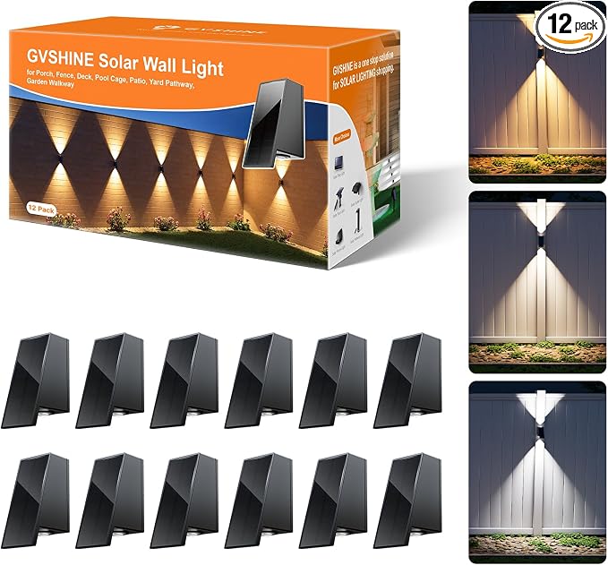 12 Pack Solar Powered Fence Lights Outdoor (Warm/Neutral/Cool White) Waterproof Up and Down Wall Mount LED Decorative Lamp for Outside Patio, House, Backyard, Porch, Deck, Garden with 3 Lighting Modes