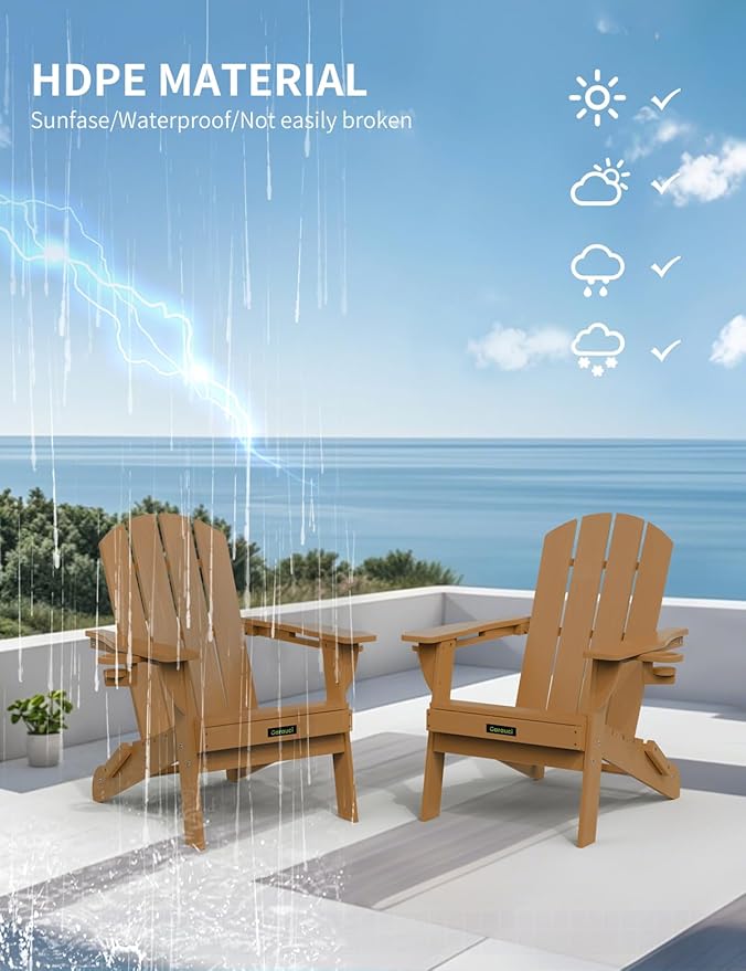 Folding Adirondack Chair Set of 4, Wooden Textured Plastic Adirondack Chairs with 2 Cup Holder, Weather Resistant HDPE Fire Pit Chair, Outdoor Patio Chairs for Garden, Backyard, Lawn, Deck, Teak