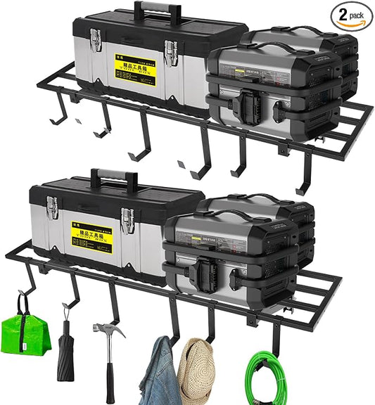 Colinktool Garage Wall Shelving, 1X4 ft Garage Storage Rack,Heavy Duty Wall Mounted Storage Shelf With 12 Hooks-Each Loads 200lbs Metal Wall Shelf,Black,2Pack