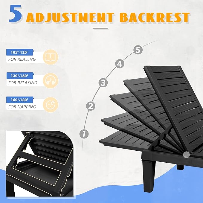Outdoor Chaise Lounge Chair Set of 4,Lightweight Patio Chairs,Waterproof Lawn Chairs Lounge Outdoor,5-Positions Adjustable Pool Lounge Chair for Garden Beach Patio Poolside and Deck,Striped Black