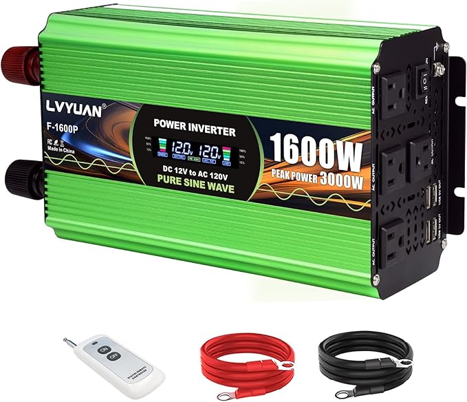 1600 Watt Pure Sine Wave Inverter, DC 12V to 120V AC Power Inverter for Vehicle, RV, Truck, Off-Grid, Car Power Inverter with 4 AC Outlet, 5V/3.1A USB, Remote Control, Surge 3000W