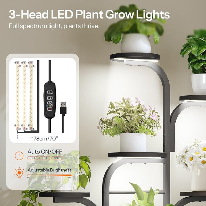 HOOBRO Plant Stand Indoor with Grow Lights, 47.2" Tall Metal Plant Shelf, 7 Tiered Corner Plant Stand for Indoor Plants, Plant Rack for Living Room Bedroom Balcony, Black BB09DHJ01