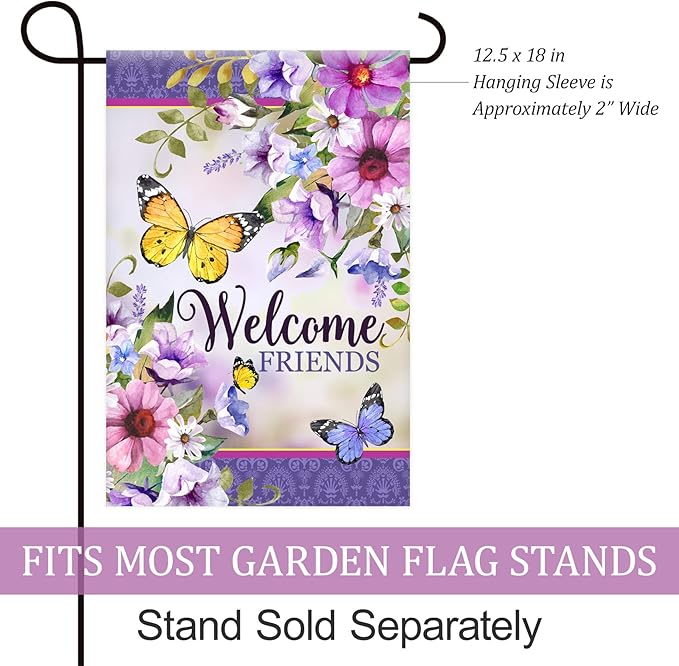 Texupday Welcome Friends Floral Blooms Butterfly Decoration Seasonal Spring Summer Garden Flag Outdoor Yard Flag 12" x 18"