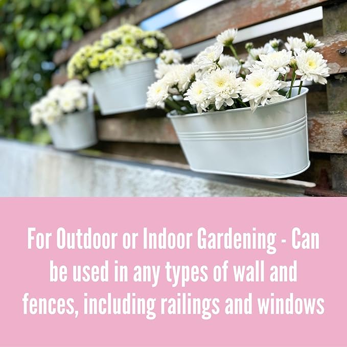 LaLaGreen Rail Planters for Outdoor (11.2 Inch, 8 Pack) White Metal Iron Hanging Flower Pots, Strawberry Planter Deck Railing Fence Bucket Modern Stylish Wall Mount Window Box Plant Holder Porch Décor
