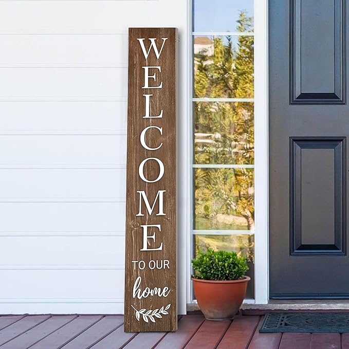 Summer Welcome Sign for Front Door, 47'' Brown Wooden Porch Sign Large Warm Greeting Door Sign Farmhouse Vertical Porch Sign Rustic Standing Welcome Yard Signs for Patio Outdoor Indoor Garden