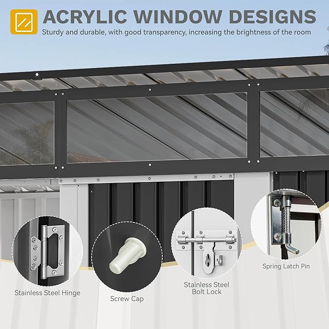 DWVO 8.5x3.5 FT Storage Shed for Bicycle, Functional Metal Tool Shelter Garden Storage Unit with Acrylic Windows, Secure Entry Lock, Water-Resistant Waste Enclosure for Outdoor Patio Garden(Dark Gray)