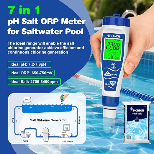 pH Chlorine Salt Tester for Pool, Salinity pH Meter for Saltwater Pool, 7 in 1 pH Salt Free Chlorine Tester Digital ORP PPM EC Tester for Swimming Pool, Hot Tub, Spa, Aquarium, Hydroponic