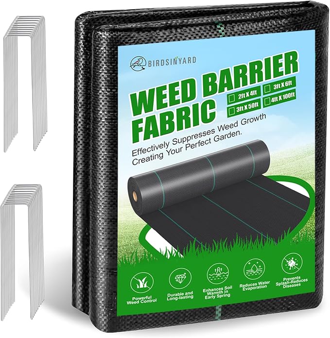 3ftx50ft Weed Barrier Landscape Fabric - 3.2oz Premium Heavy Duty Weed Block Ground Cover Mat with 20 U-Shaped Securing Pegs | Woven Geotextile Fabric for Weed Control Garden Cloth