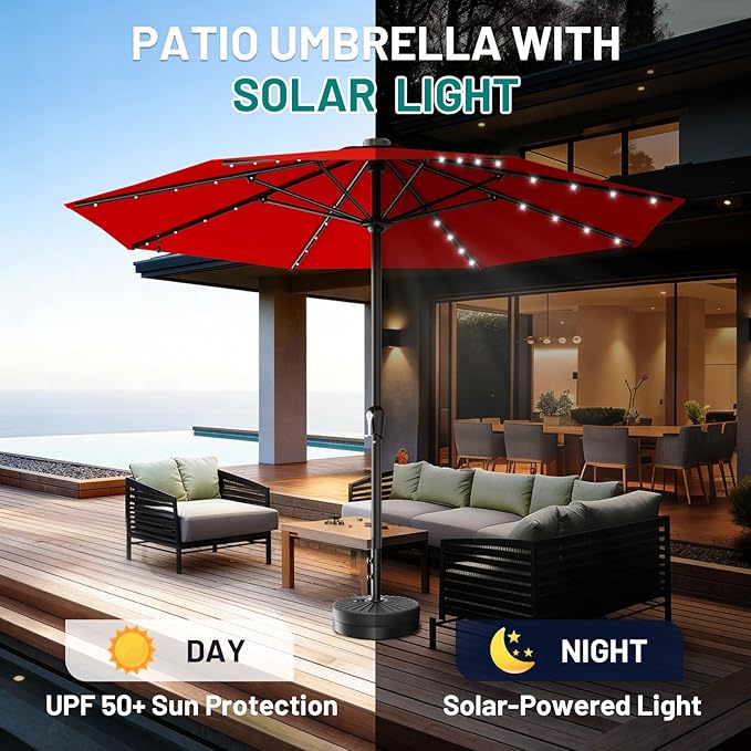 AreShark 11FT Large Patio Umbrella with Solar Lights, Lighted Solar Umbrella with Crank, Outdoor Table Market Umbrellas for Garden, Deck, Backyard, Pool and Beach, Red