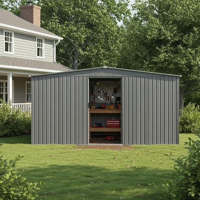 YOPTO 11x13 FT Outdoor Storage Shed,Metal Waterproof Tool House with Firewood Shed and 2 Integrated Punched Vents,2-in-1 Garden Storager Apex Roof Shelter w/Window & Door for Wood,Bicycles,Grey