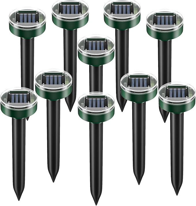 Solar Powered Mole Repellent 10 Packs, Pet-Safe Ultrasonic Pest Repeller, Waterproof Snake Gopher Vole Repellent for Lawn Garden, Humane Groundhog Chipmunk Deterrent