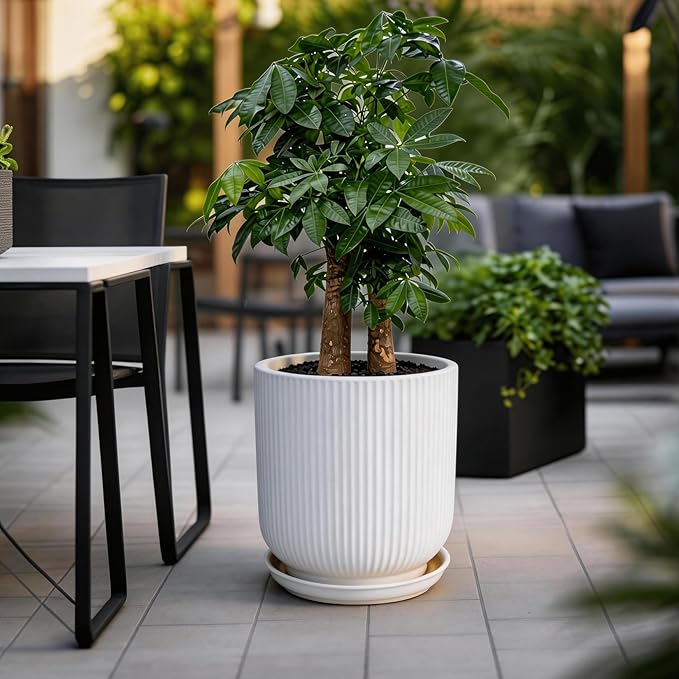 Deep Dream 12 Inch Ceramic Pots for Plants, Heavy Plant Pot for Indoor Outdoor Plants, Large Plant Pot with Drainage Hole and Saucer, Modern Tall Flower Pot, Gifts for Plant Lovers, White