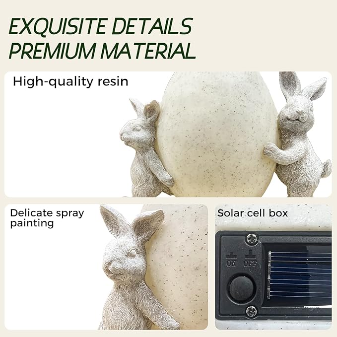 Solar Bunny Garden Statue with LED Light – Cute Solar Garden Decor Outdoor Rabbit Statue for Patio Yard Backyard Lawn, Bunny Decor Garden Statues, Easter Rabbit Gifts-Egg