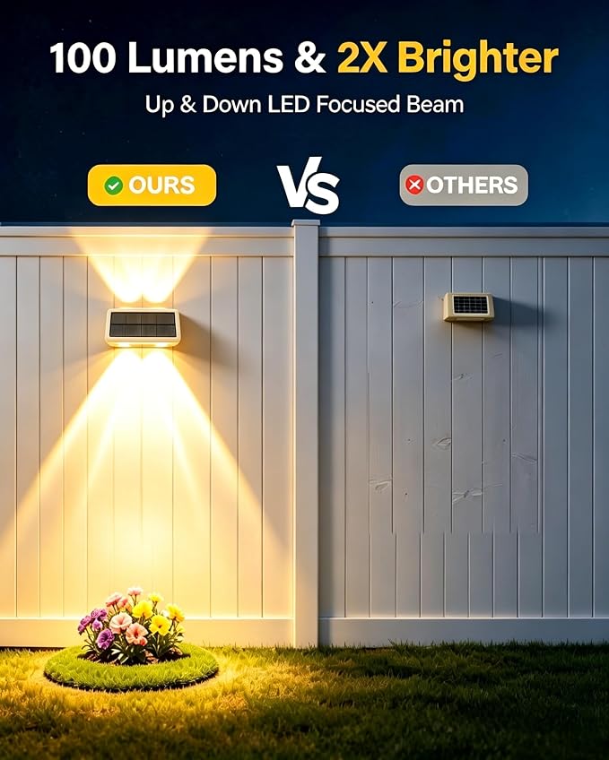 Solar Fence Lights Outdoor, 100LM Fence Lights Solar Powered, 9 Color Modes, Up and Down LED Focused Beam, 12H Dusk to Dawn Glow for Pool/Patio/Wall/Backyard - 2 Pack, Pure White