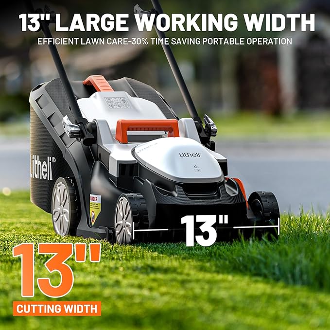 Litheli 13.4inch Electric Lawn Mower Cordless,Grass Cutter Machine for 2600 Sq.Ft. Lawnmower, 8 Gallon Capacity, Cutting Height from 1 to 2.5 in, Includes 2X4.0 Ah Battery.